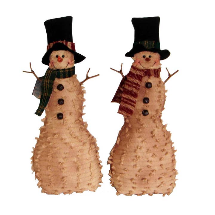 Casal de bonecos de neve de meio corpo em tecido chenille magro com chapéus e cachecóis de tecido e braços de galho, em pé, sortido, conjunto de 2 - 20" de altura por atacado de Birch Maison