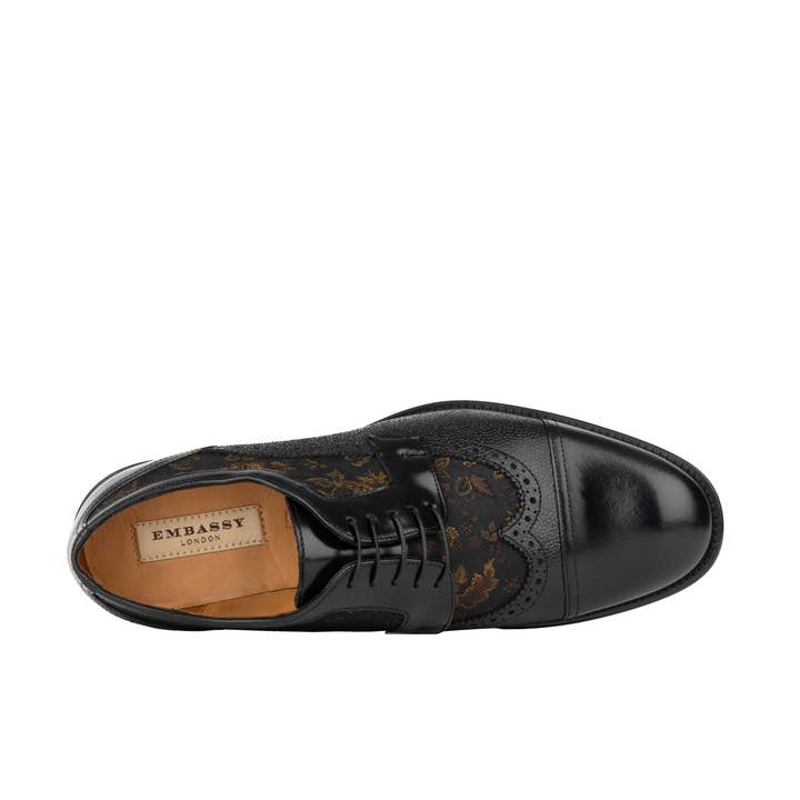 Embassy London – wholesale Oxford shoes – Men′s – Orlando - Black & Yellow Flowers - Men's toe cap dressy black shoe with flower print leather5