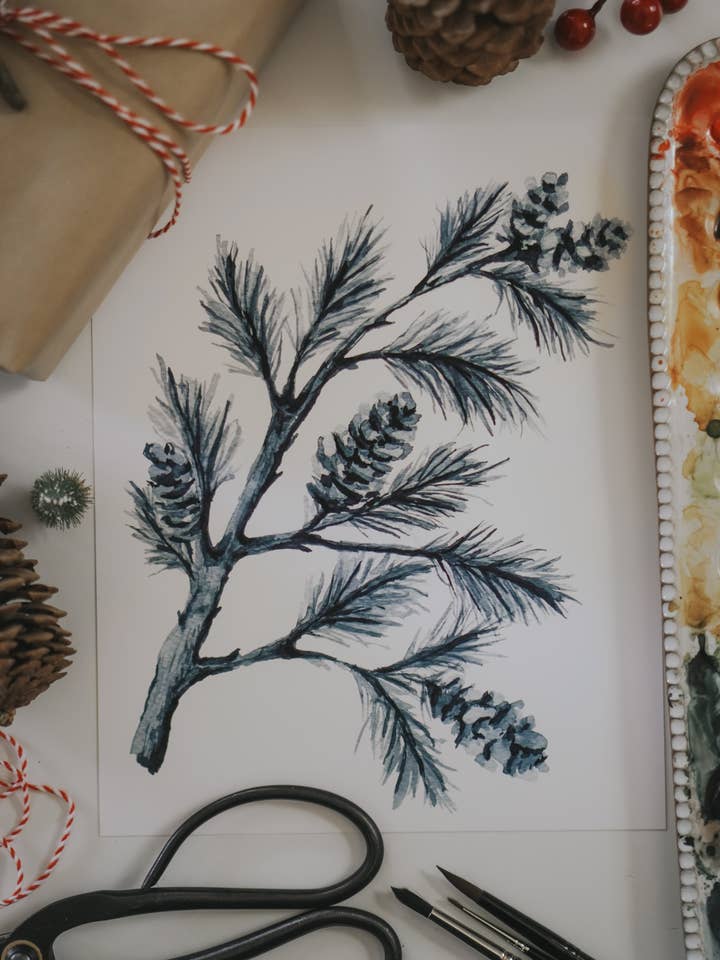 Blue Pine Branch Winter Watercolor Art Print for wholesale by MacaelaMade