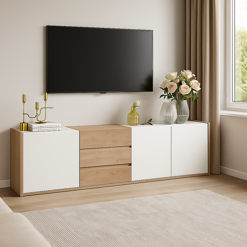 Urban Meuble - Wholesale Console Table - White and wood TV stand with 3 doors and 3 drawers1