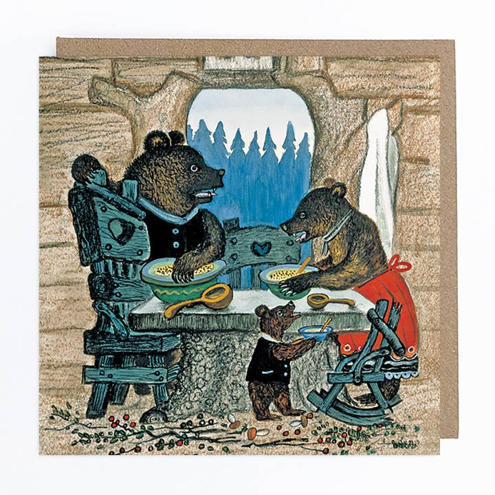 Bear Family at Dinner Table blank greeting card for wholesale by Kapelki Art