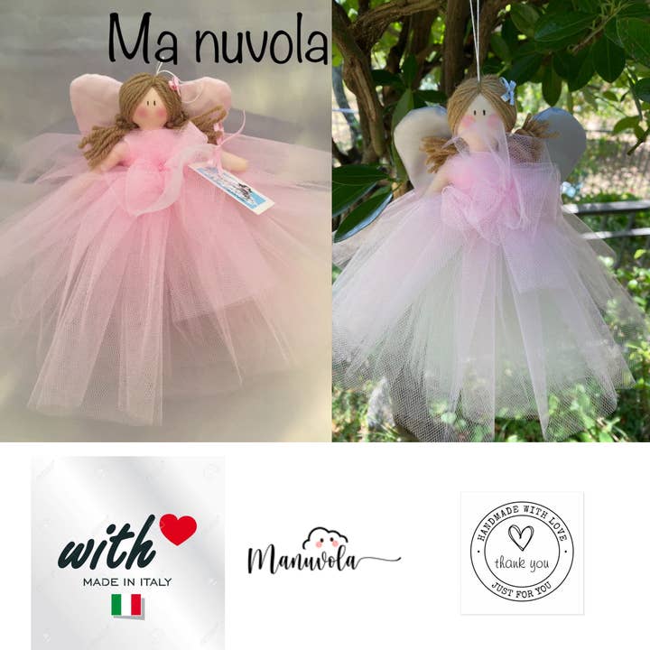 Ángel de tela con vestido de tul rosa y alas de piqué para venta al por mayor de Ma nuvola