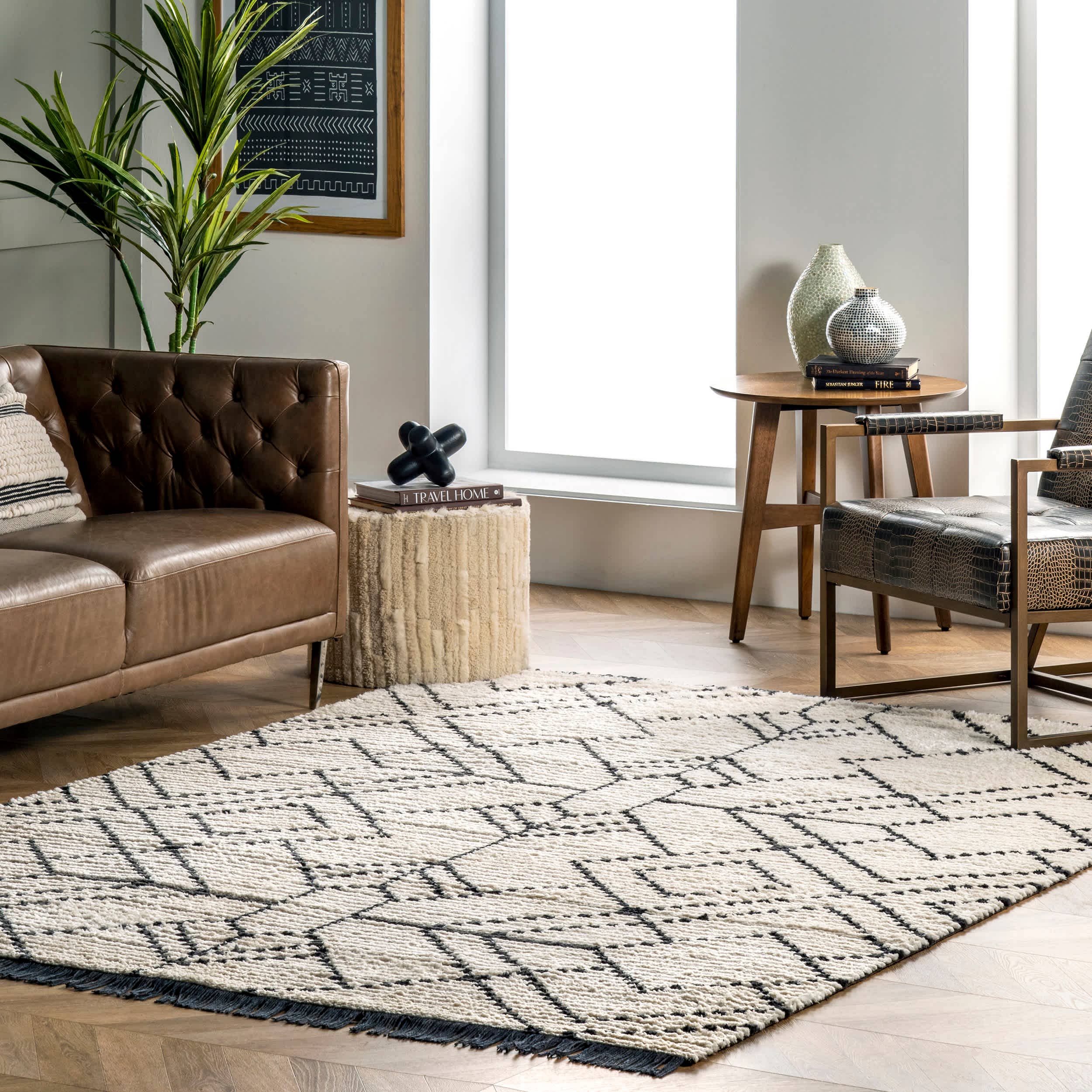 Beige Carlina Modern Geometric Soft Shag Fringe Area Rug for wholesale on Faire0