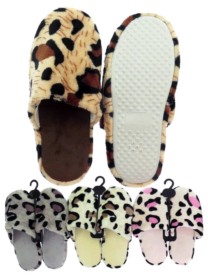 Leopard Fleece Foam Lounge Slippers for wholesale by Cap Zone