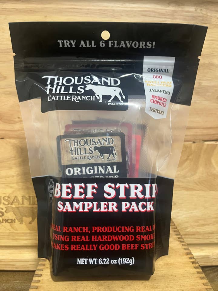 Beef Jerky Strip Sampler Pouch - Case of 10 Pouches for wholesale by Thousand Hills Cattle Ranch