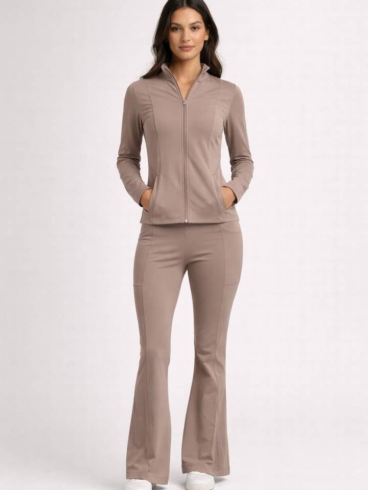 Yoga define zipper jacket with high waist flare legging pant for wholesale by Color 5