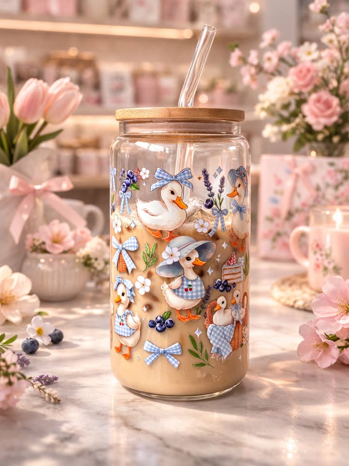 Blue Duck Cottage glazen can met dubbelzijdige print + deksel & rietje voor wholesale door the cute cloud