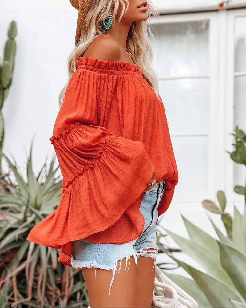 Fashion Combination - Wholesale Blouse - Women's - frill hem off shoulder bell sleeve top22