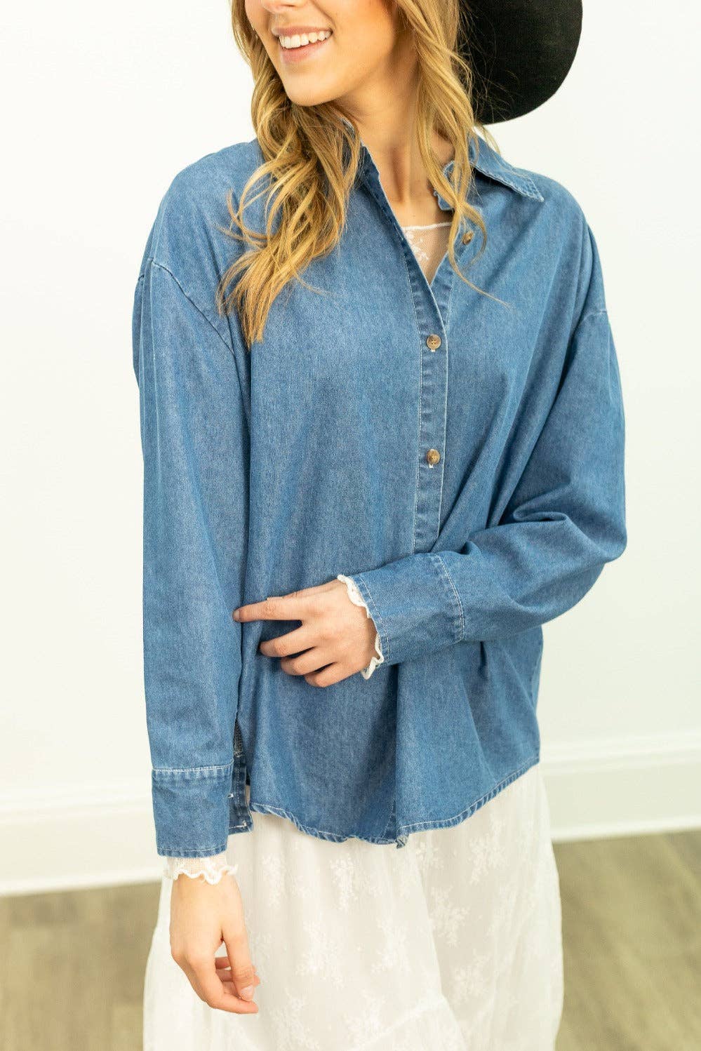 Blue Kathryn Classic Button-Up, Chambray for wholesale on Faire1