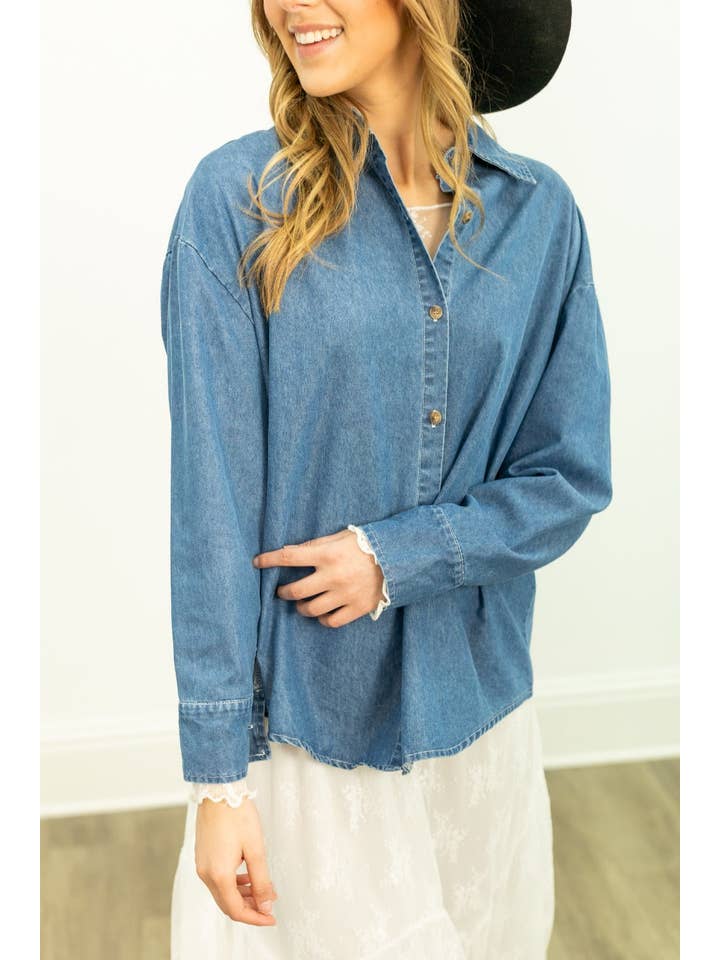 Blue Kathryn Classic Button-Up, Chambray for wholesale on Faire1