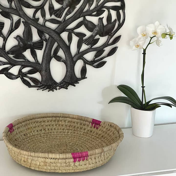 Global Crafts - Wholesale Decorative Tray - Hand-woven Palm Tray Basket with Pink Detail6