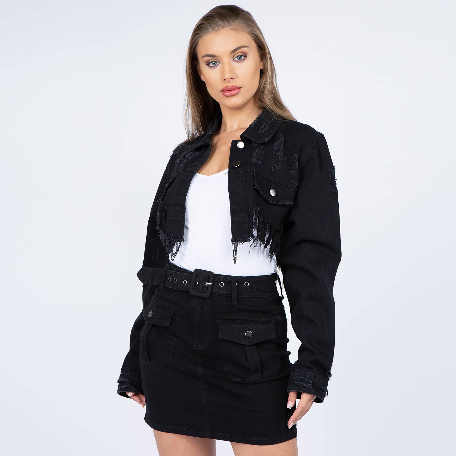 American Bazi - Vendita all'ingrosso Giacca di jeans - Donna - Giacca di jeans con effetto usurato e orlo sfrangiato - RJK36177