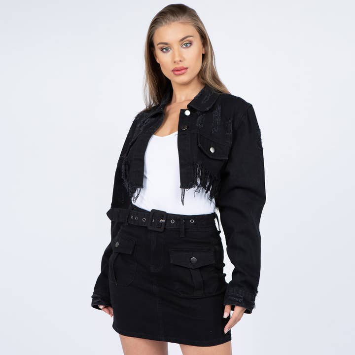 American Bazi – Großhandel Jeansjacke – Damen – BEUNRUHIGTE JEANSJACKE MIT AUSGEFRANSTEM SAUM-RJK36177