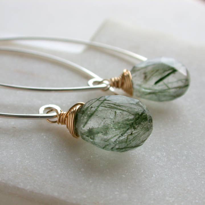 Linda Trent Jewelry - Wholesale Dangle Earrings - Moss Rutilated Quartz Threader Earrings