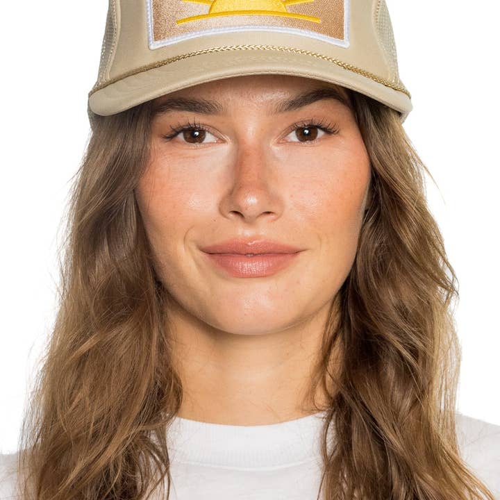 Happy Sun Trucker Hat in Tan for wholesale on Faire3