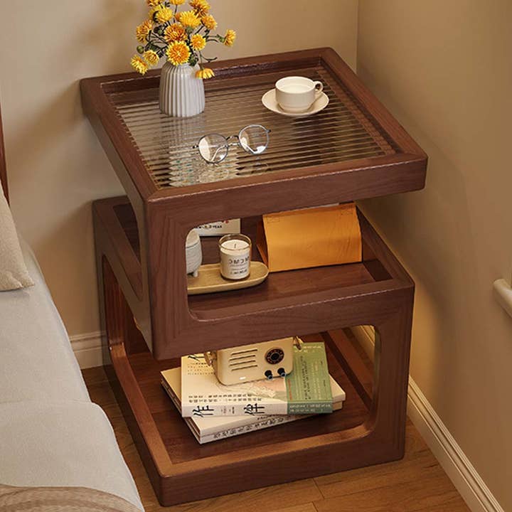 Table d'appoint en bois massif à 3 niveaux avec lumière LED pour la vente par VIVZONE