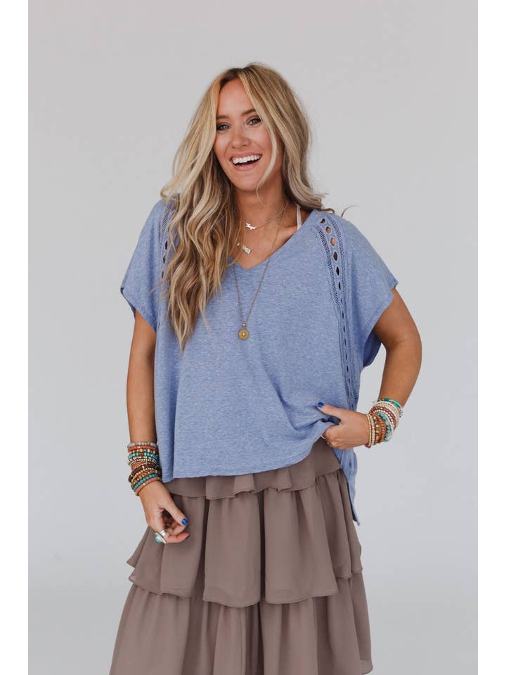 Three Bird Nest - Wholesale Blouse - Women's - Camden Lace V Neck Top - Denim