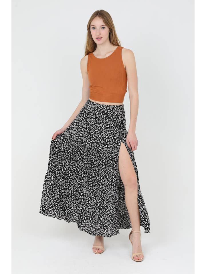 ANGIE - Wholesale Skirt – Women’s - 26N20-W980 CACTUS PRINT ELASTIC WAIST MAXI SKIRT WITH SLIT