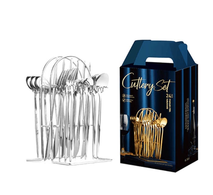 Homerely (We Cover All Import Duties) – Engroshandel Skærebestik sæt – 24-delt bestiksæt i rustfrit stål med opbevaringsstativ0