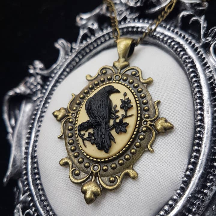 GOTHIC ORNATE RAVEN CAMEO NECKLACE for wholesale by The Black Wardrobe