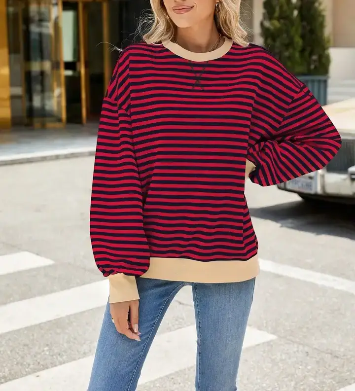 Lovesoft - Wholesale Knit Sweater - Women's - Striped Crew Neck Contrast Color Loose Long Sleeve Sweater20