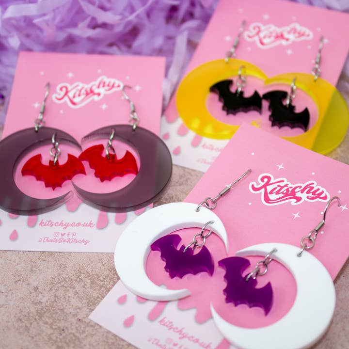 Kitschy - Wholesale Dangle Earrings - Obsidian Moon Bat Earrings Laser Cut Acrylic1