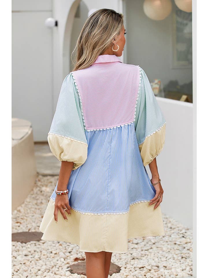 Multi Colored LDC Striped Patchwork Ric Rac Puff Sleeve Collared Dress for wholesale on Faire