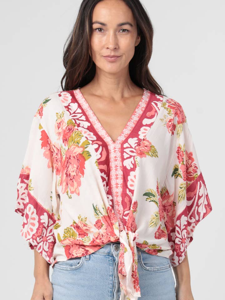 N2D37-FR37 V NECK KIMONO SLEEVE TIE WAIST BLOUSE for wholesale by Nostalgia