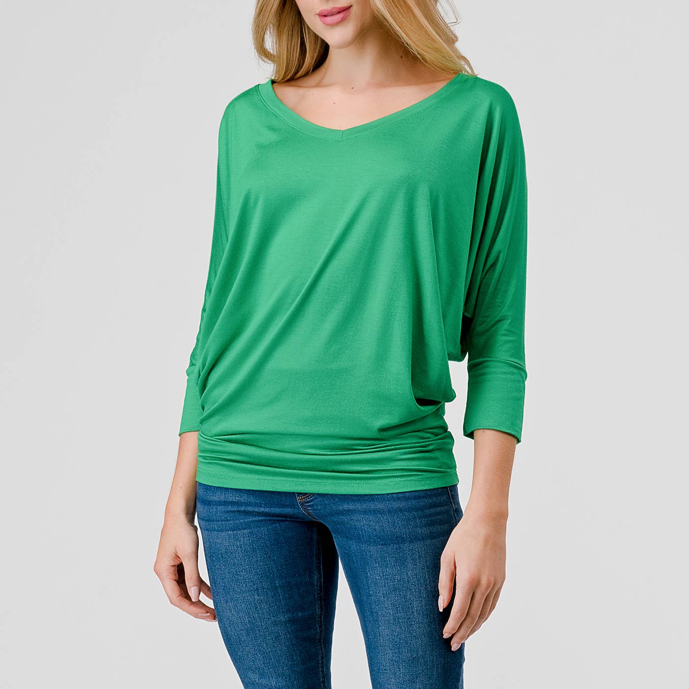 Heimious - Wholesale Knit Top - Women's - 3/4 Dolman Sleeve V-neck Modal Jersey Top, 2573104