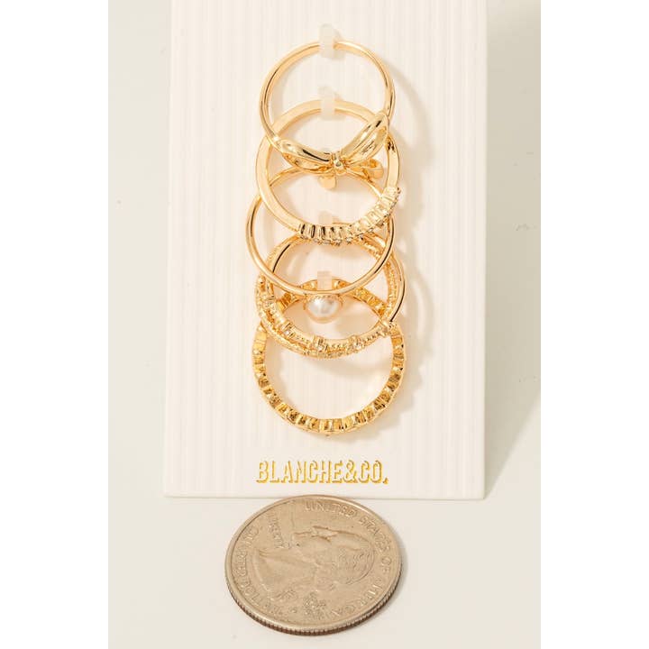Fame Accessories - Wholesale Band/Stacked Ring - 5Pc Cz Pearl And Ribbon Bow Mixed Band Rings Set1