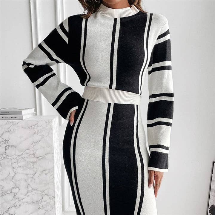 BLACK STRIPE Contrast Striped Round Neck Long Knitted Dress for wholesale on Faire