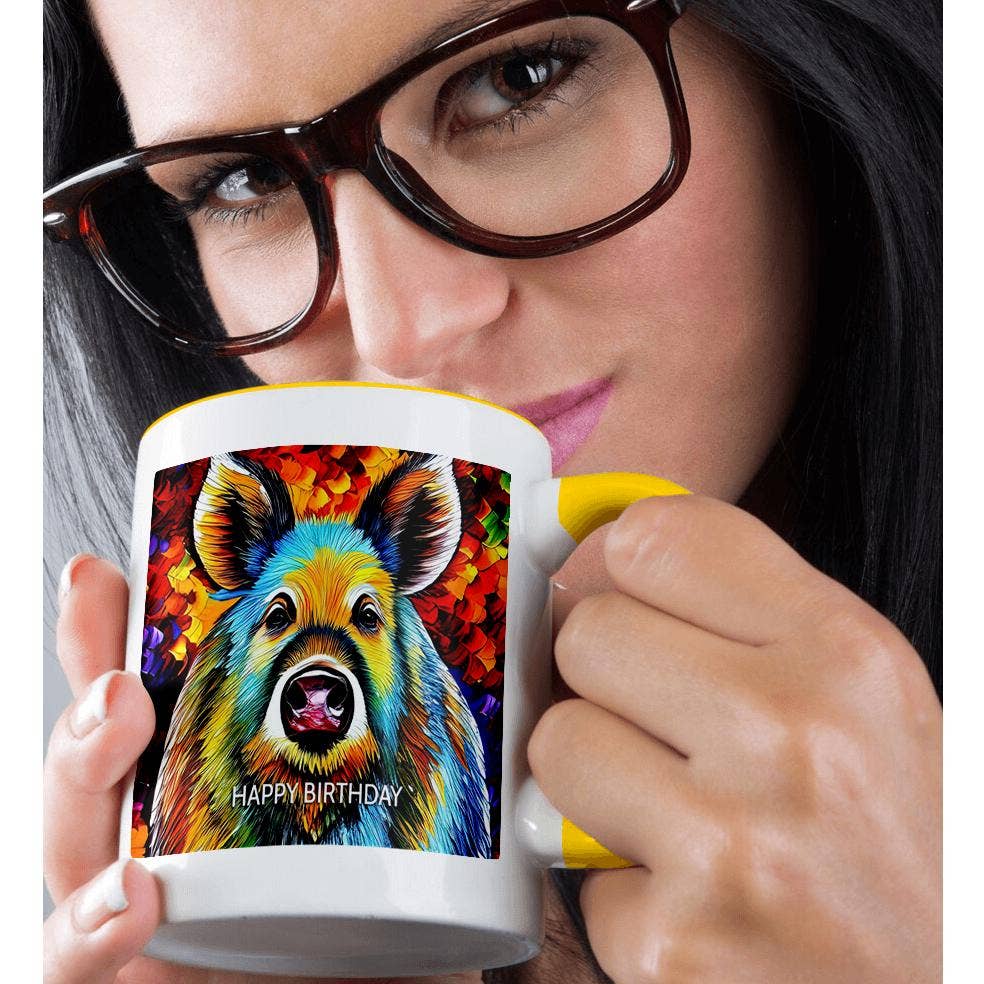 3dRose - Wholesale Coffee Mug - 3dRose, Happy Birthday. Colorful digital painting of wild boar. Funny card, Mug1