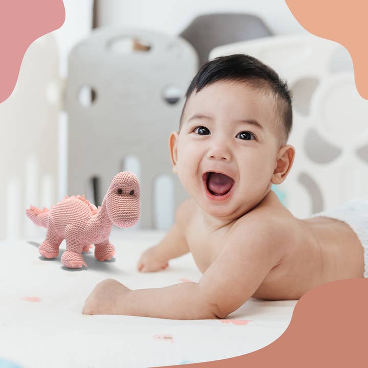Best Years Ltd - Wholesale Handheld Rattle - Baby - Knitted Organic Cotton Pink Diplodocus Dinosaur Baby Rattle