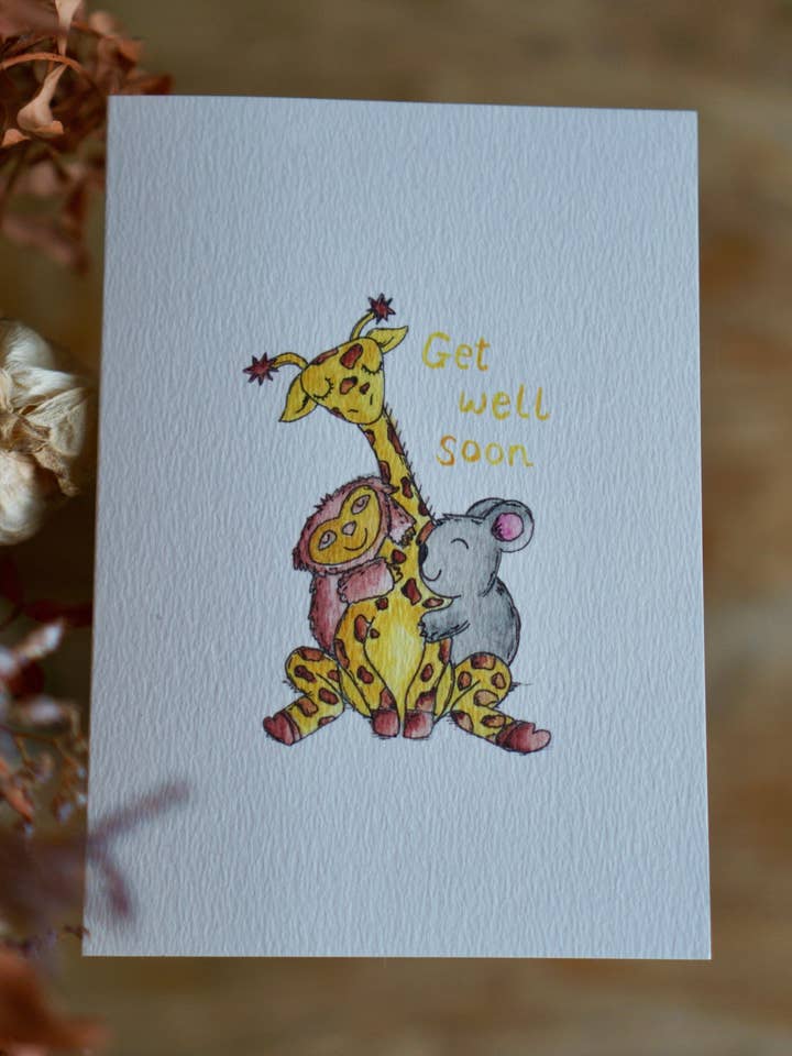 Get well soon card - giraffe, sloth & koala hug for wholesale by Bowlt Studios