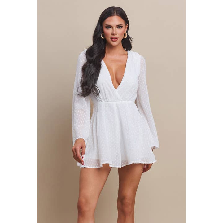 The Sang - Wholesale Romper - Women's - BELL SLEEVES WITH FEATHER TRIM DEEP V NECK ROMPER