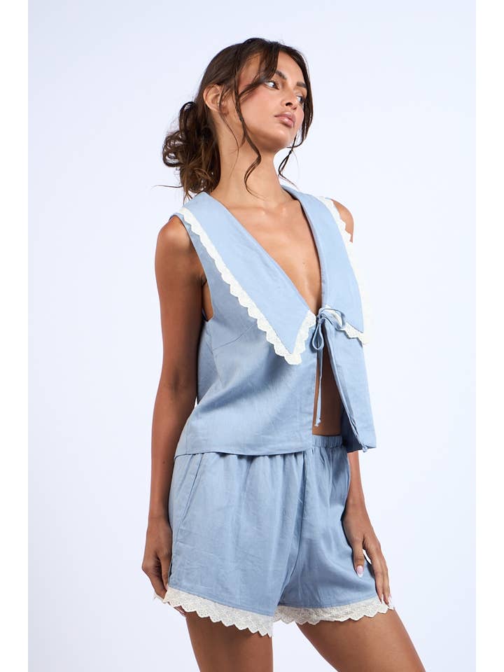 Sky to Moon - Wholesale Top & Short Set (NOT Loungewear) - Women's - WIDE COLLARED FRONT TIE LACE TRIM TOP & SHORTS SET12