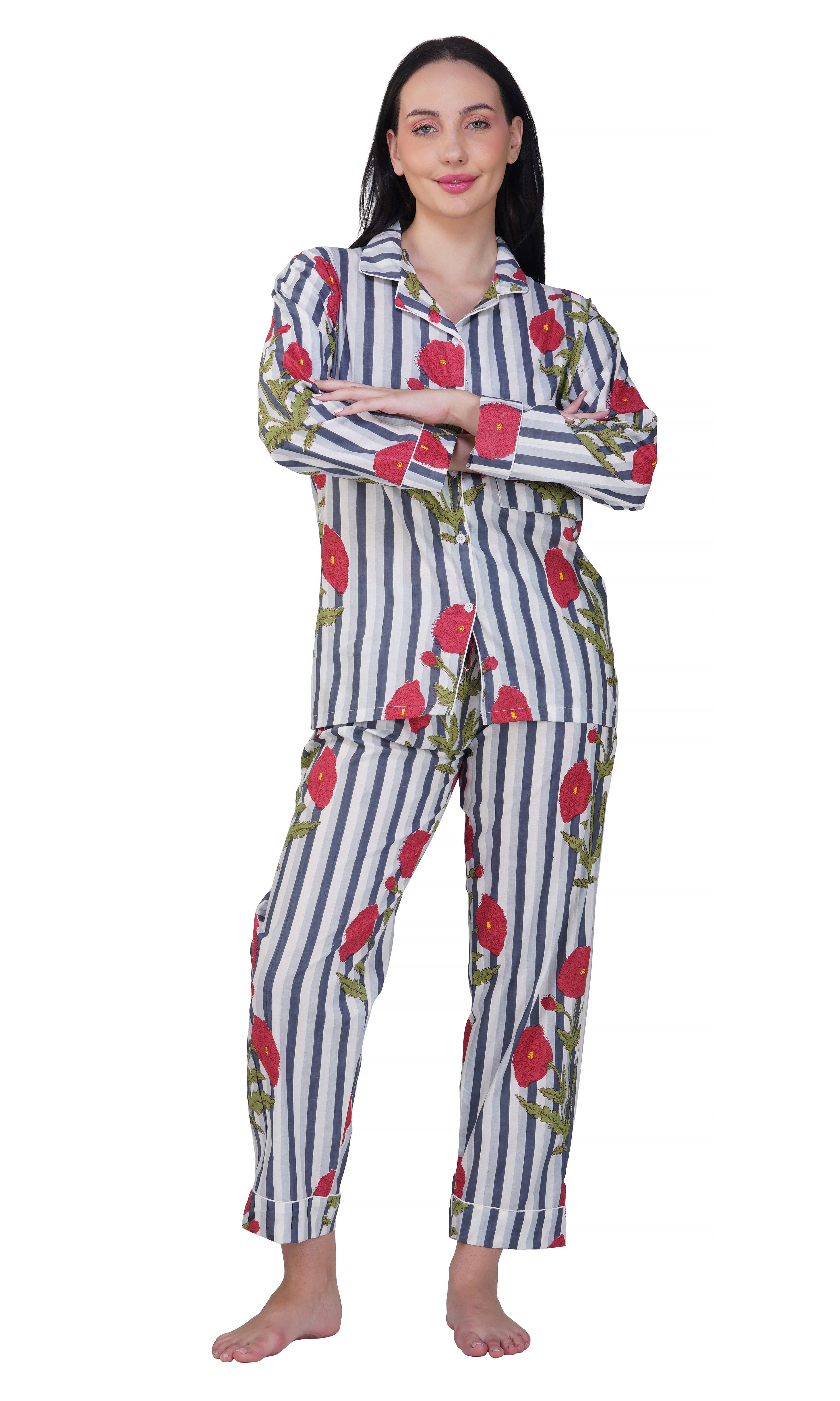 Purple Mohar - Wholesale Sleepwear Set - Women's - Poppy Dreams: 3-Piece Floral & Stripes Night Suit Set"2