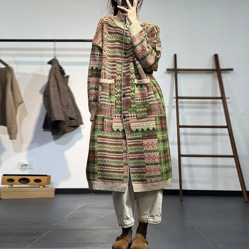 KHAKI Langer Jacquard-Strickcardigan mit Farbblockmuster für den Großhandel auf Faire0