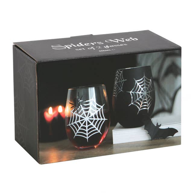 Something Different Wholesale - Wholesale Wine Glass - Set of 2 Gothic Spider and Web Stemless Wine Glasses