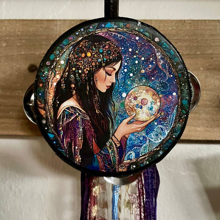Charmed Fortune Teller Crystal Ball Charm 4" Tambourine for wholesale by Bodhi Leaf Market