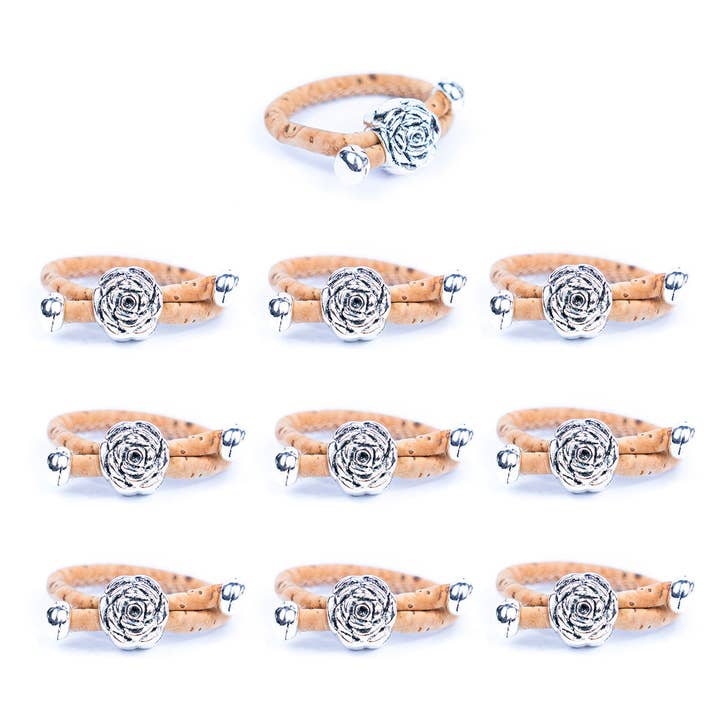 3mm Round Natural Cork Wire with rose accessories Handmade Women's Ring RW-037-10 for wholesale by Meninas Bonitas Cork