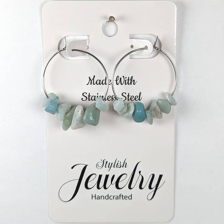 Edelstahl-Creolen mit Amazonit-Edelsteinchips Ohrringe für den Großhandel von Stylish Jewelry Supply