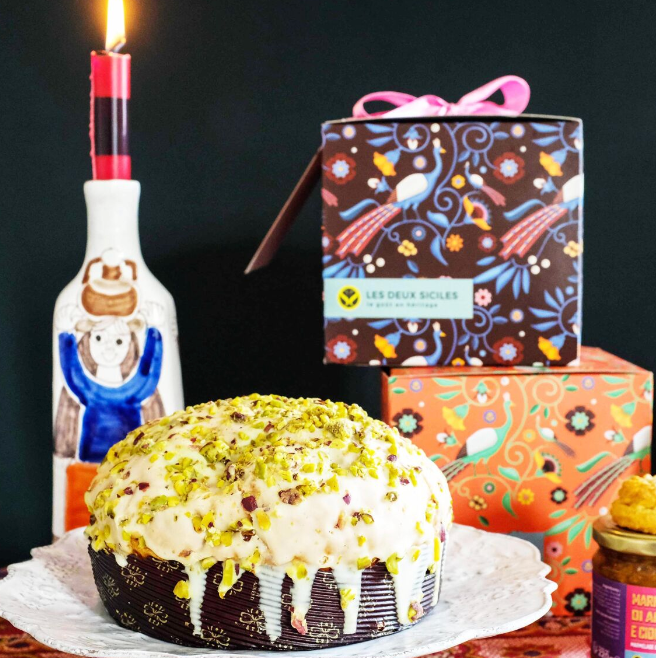 Les Deux Siciles - Vente Gâteau - Panettone à la crème de pistache, recouvert chocolat blanc 2