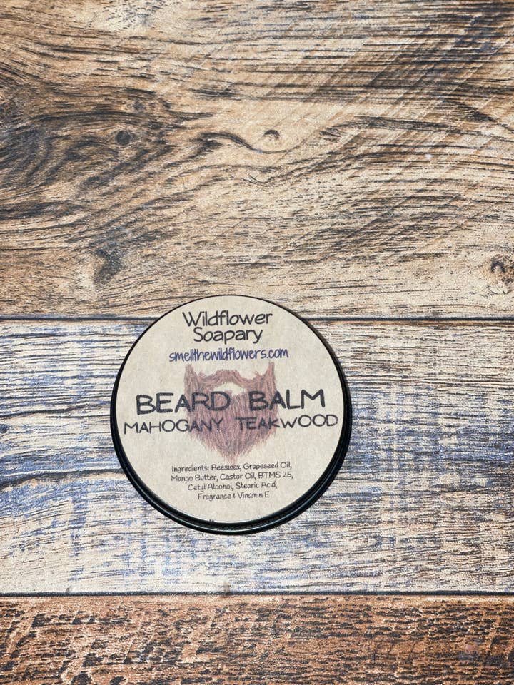 Mahogany Teakwood Beard Balm for wholesale by Wildflower Soapary