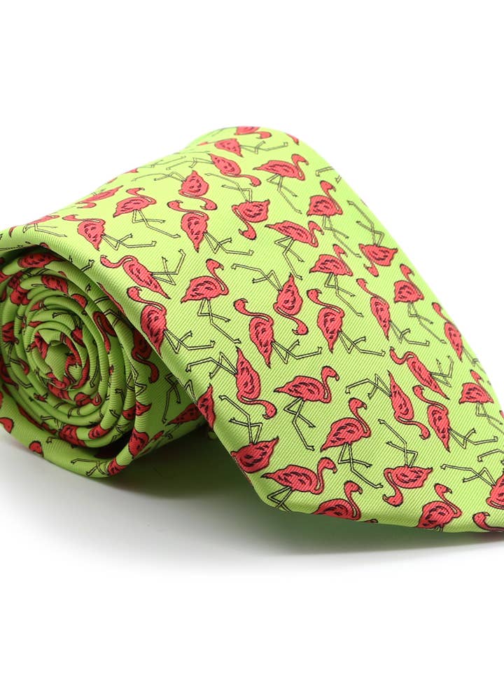 Flamingo Lime Green Necktie with Handkerchief Set for wholesale by Ferrecci