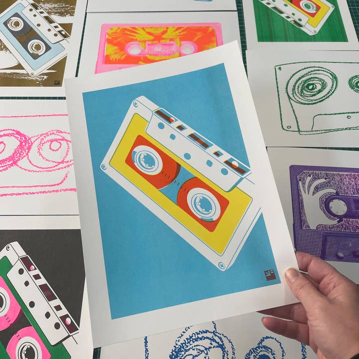 VrijFormaat - Wholesale Art Print - riso print - Mixed Tapes - color combo aqua/yellow/red1