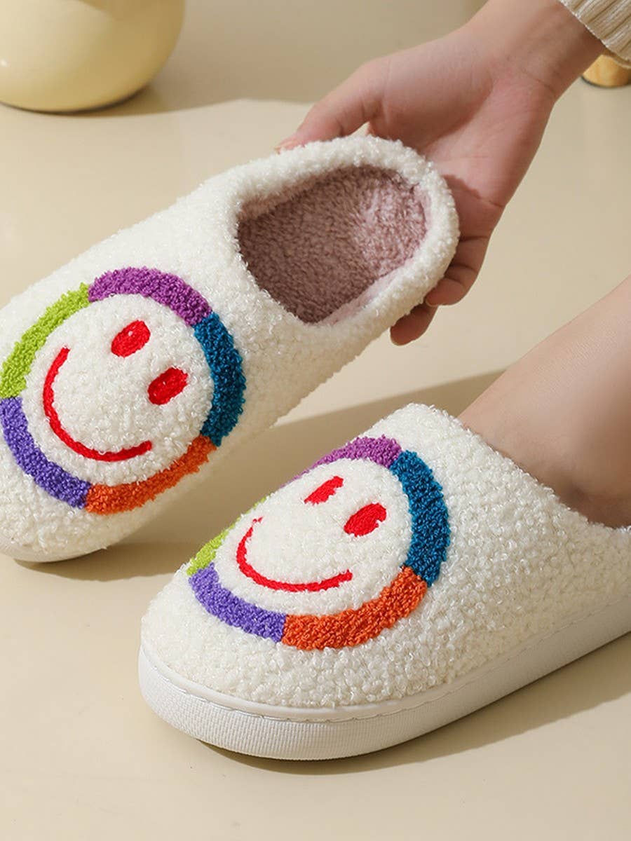 White Colorful Smiley Face Winter Cotton House Slippers for wholesale on Faire2