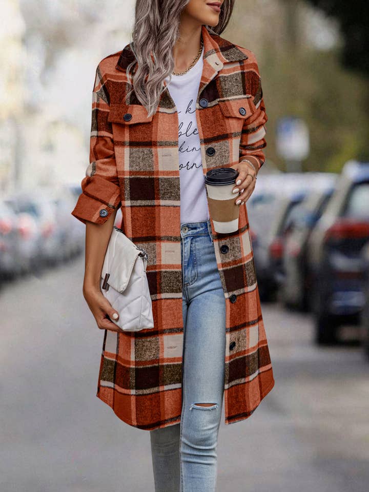 eLook - Vente Manteau – femme - Manteau long boutonné à carreaux SZ1-JK821146