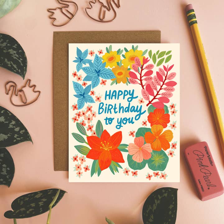 Happy Birthday to You - Tarjeta de felicitación floral colorida para venta al por mayor de Dream Folk Studio