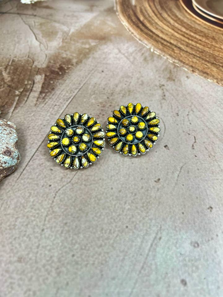 Handmade Sterling Silver Honey Dahlia Post Earrings with Signed Nizhoni for wholesale by Nizhonitradersllc